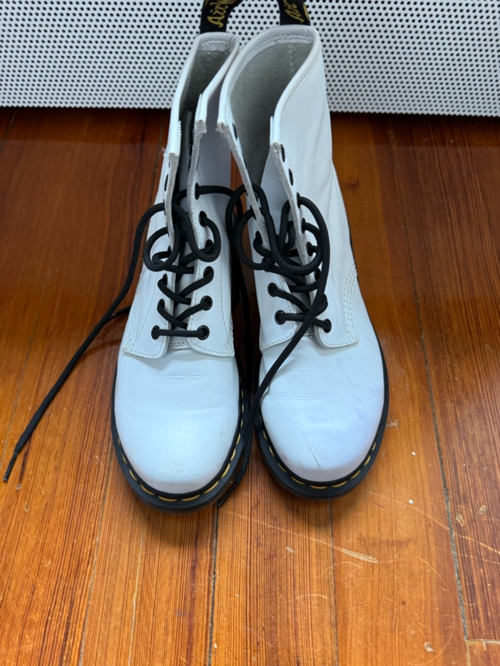 Dr. Martens White Leather Combat Boots with Black Laces